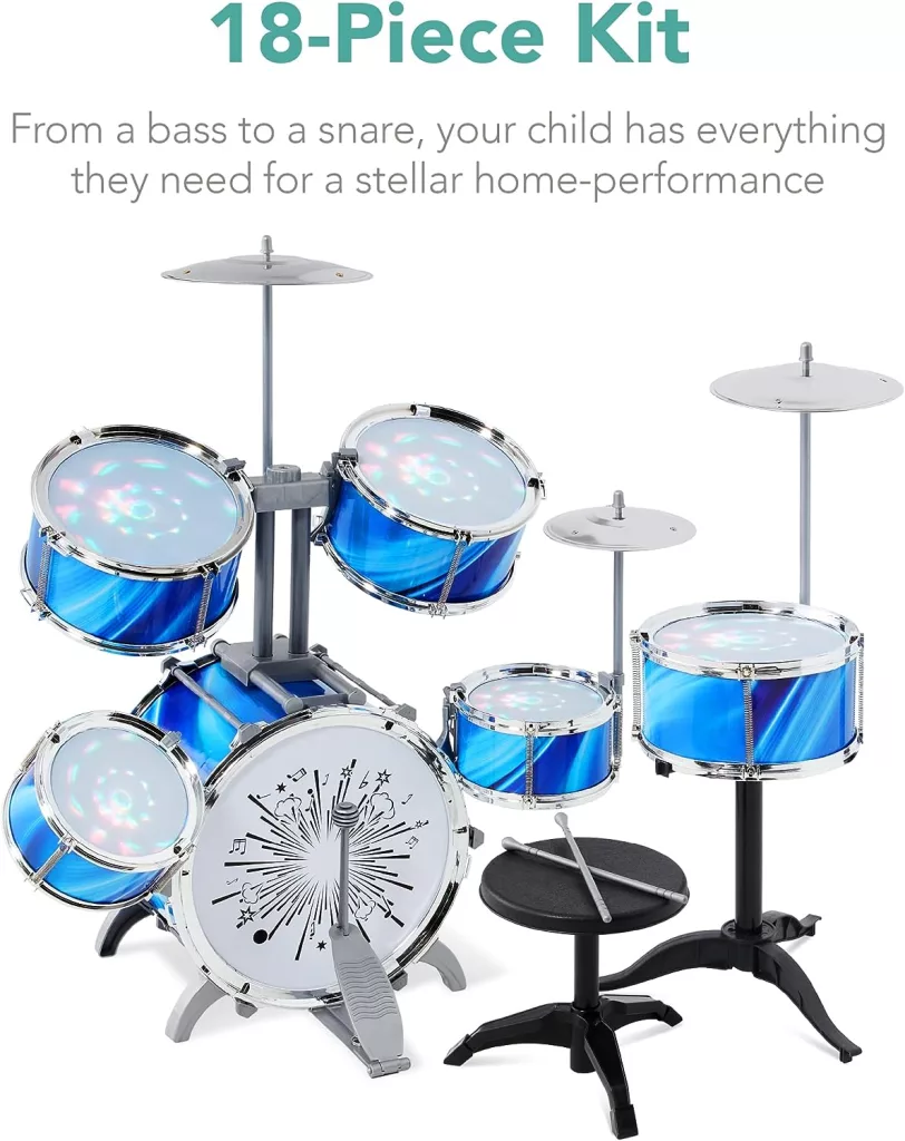 Best Choice Products 18-Piece Kids Beginner Drum Kit, Musical Instrument Toy Drum Set for Music Practice w/LED Lights, Bass, Toms, Snare, Cymbal, Stool, Stand Drumsticks - Blue