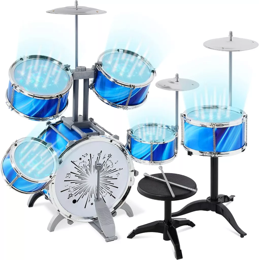 Best Choice Products 18-Piece Kids Beginner Drum Kit, Musical Instrument Toy Drum Set for Music Practice w/LED Lights, Bass, Toms, Snare, Cymbal, Stool, Stand Drumsticks - Blue
