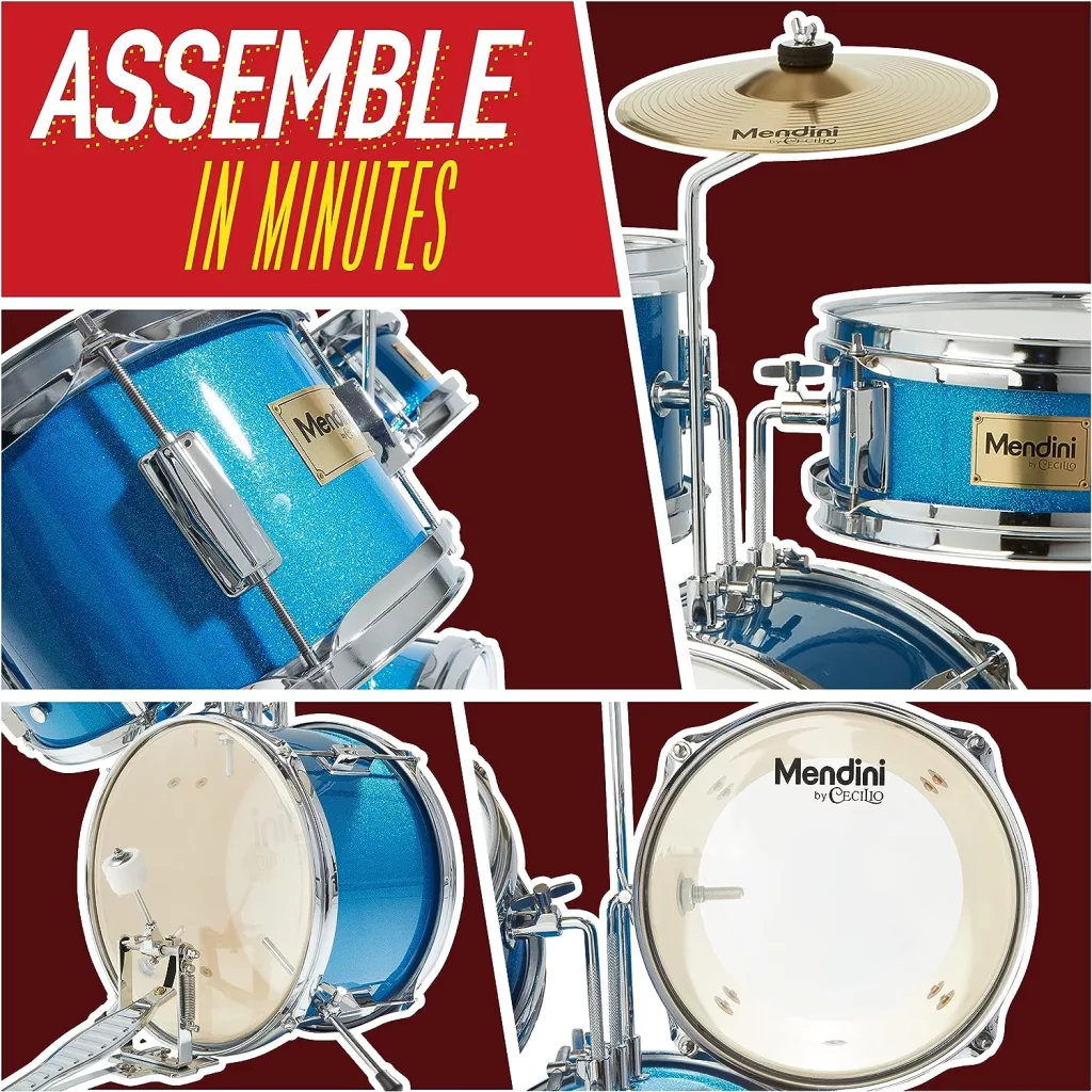 Mendini By Cecilio Kids Drum Set - Junior Kit w/ 4 Drums (Bass, Tom, Snare, Cymbal), Drumsticks, Drum Throne - Beginner Drum Sets Musical Instruments