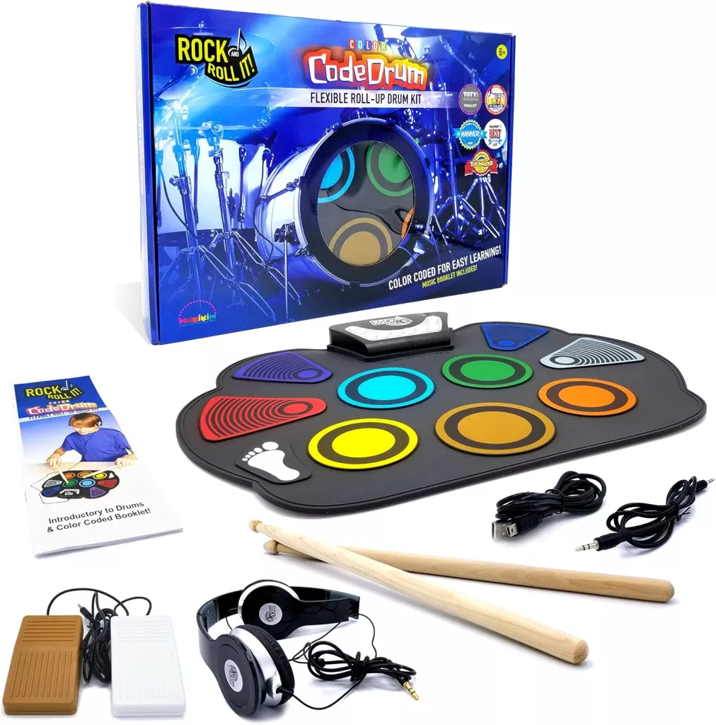 MUKIKIM Rock and Roll It – CodeDrum. Roll Up Portable Drum Set for Kids Adults. Electronic Silicone Rainbow Drum Pad | Headphones | Pedals | Drum Sticks | Play-by-Color Rhythm Booklet Included