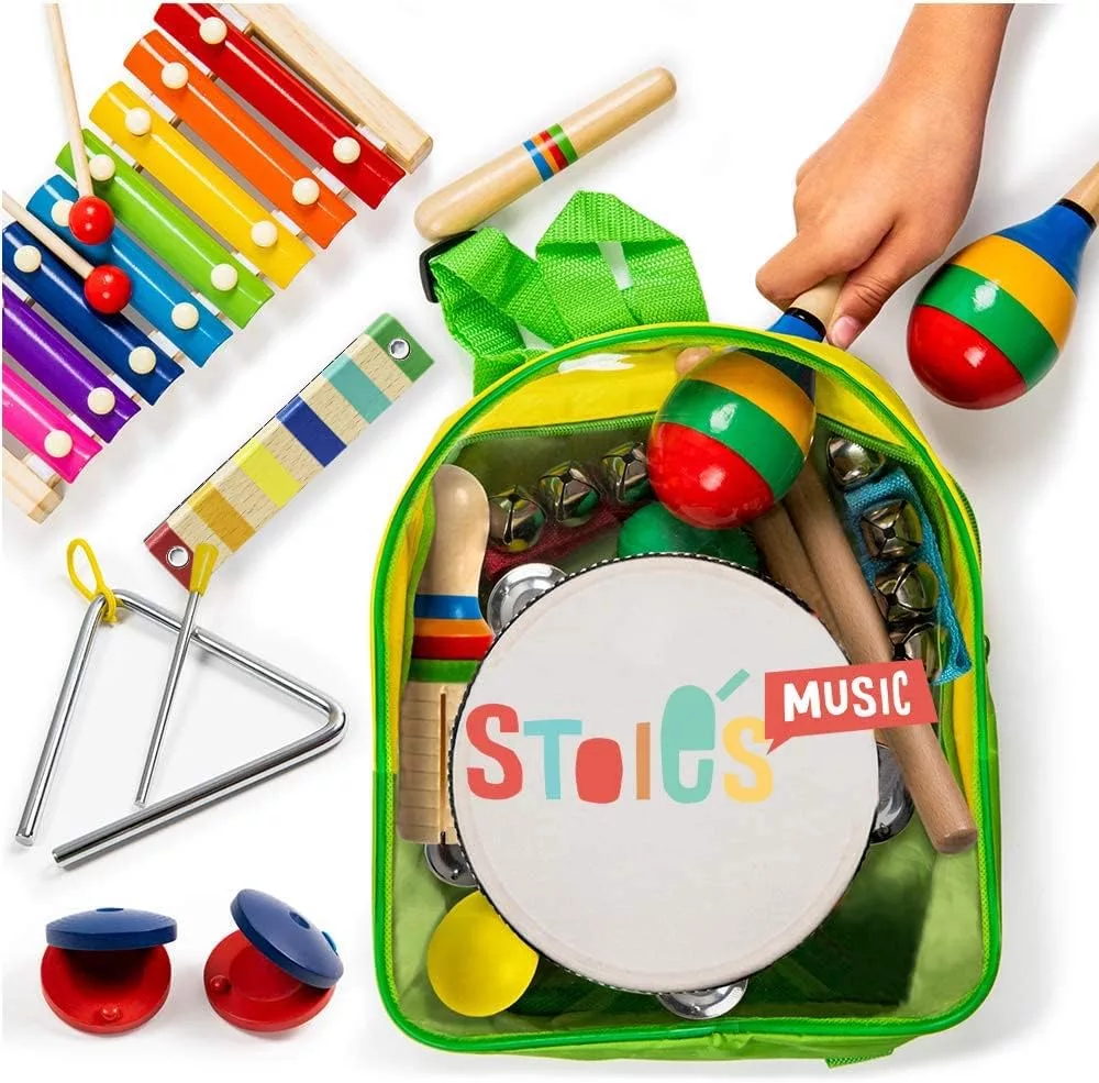 Stoies Kids Musical Instruments Set 19 pcs for Toddler Ages 3-5 - Baby Wooden Percussion Musical Toys for Little Boys Girls 9-12 Years Old- with Xylophone and Maracas - to Play in First Mini Band