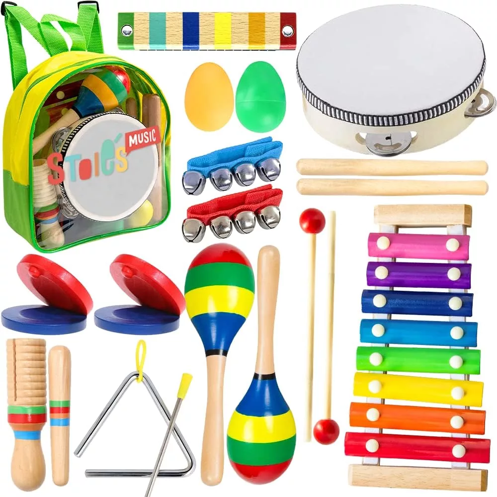 Stoies Kids Musical Instruments Set 19 pcs for Toddler Ages 3-5 - Baby Wooden Percussion Musical Toys for Little Boys Girls 9-12 Years Old- with Xylophone and Maracas - to Play in First Mini Band